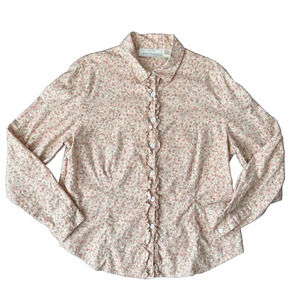 Vintage Susan Bristol Button Up Shirt Women's Large Pink Cream Floral Ruffle
